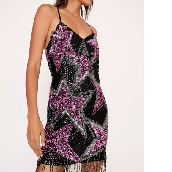 [ NASTY GAL] brand new with tags  Women's size 6- TASSEL  BEADED STAR MINI DRESS - Picture 2 of 16